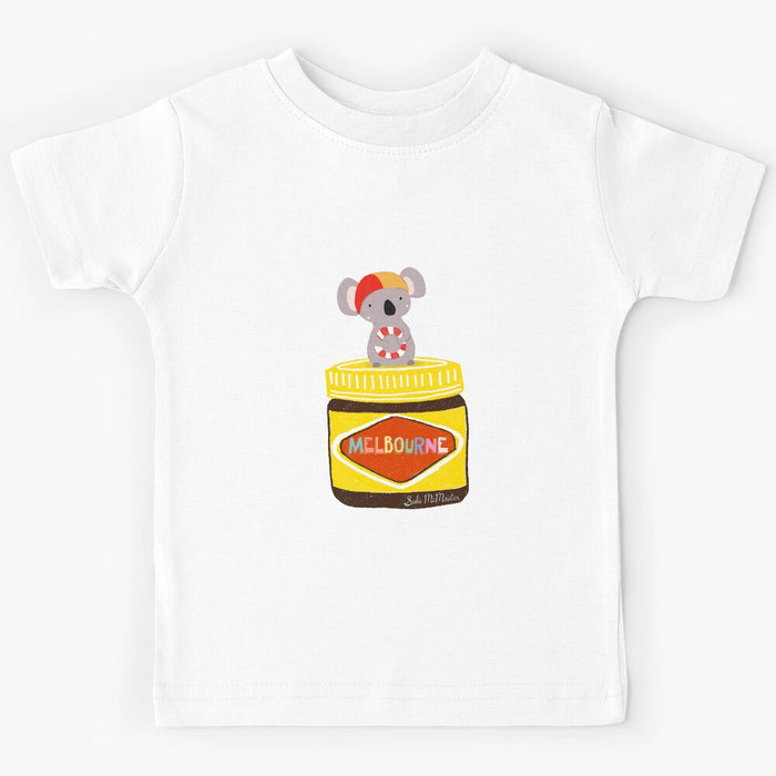 Koala on Vegemite Kids T-Shirt by Suki McMaster