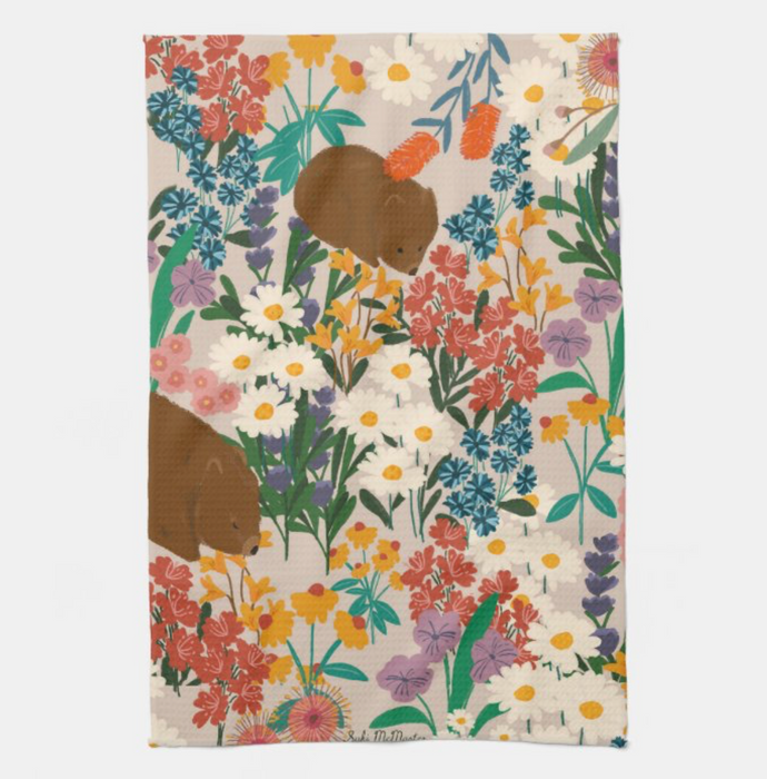 Kitchen Tea Towel - Floral Wombat  by Suki McMaster