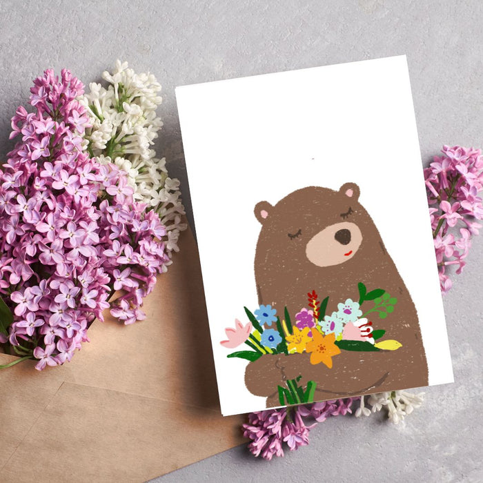 Blank Card - Bear With Flowers by Suki McMaster