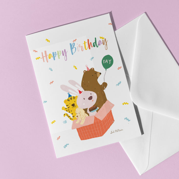 Birthday Card - Bunny Tiger and Bear Surprise by Suki McMaster