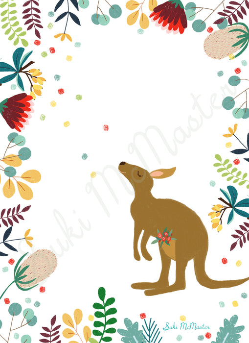 Australian Animal Wall Art Print - Kangaroo in Australian Native Floral by Suki McMaster