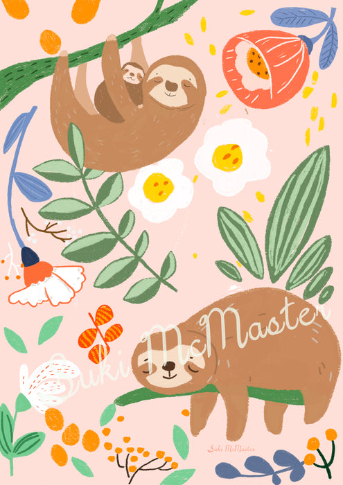 Wall Art Print - Sloth Family in Pink by Suki McMaster