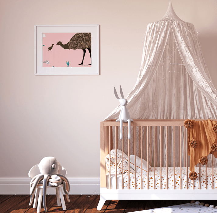Australian Animal Wall Art Print - Emu Mum and Emu Baby in Pink by Suki McMaster
