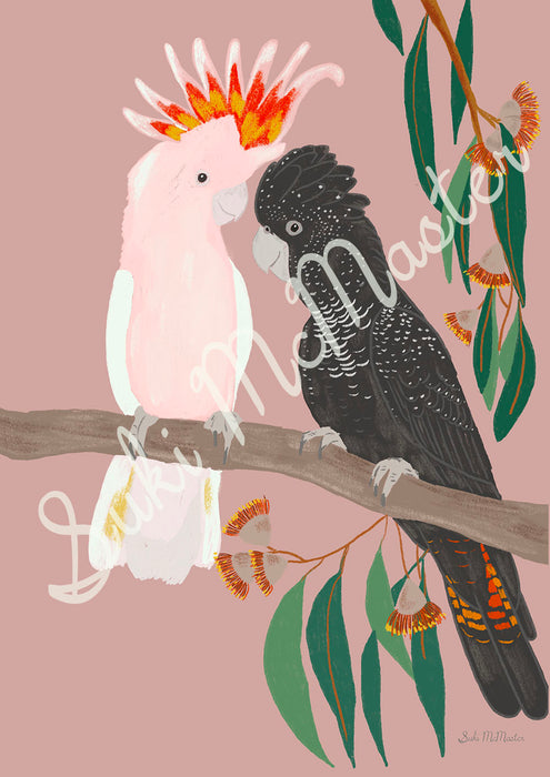 Kitchen Tea Towel - Rex the Black Cockatoo and Muffy the Major Mitchel by Suki McMaster by Suki McMaster