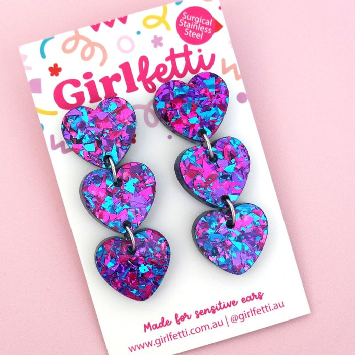 Triple Heart Acrylic Dangle Earrings - Purple Party Flake by Girlfetti