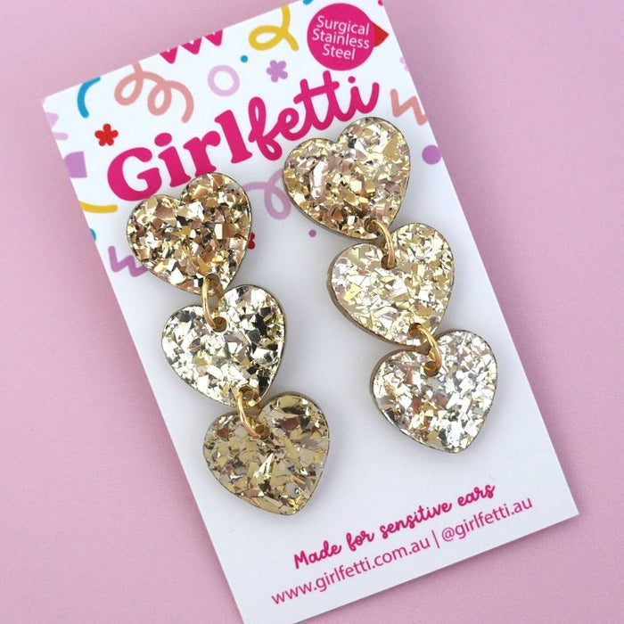 Triple Heart Acrylic Dangle Earrings - Gold Flake by Girlfetti