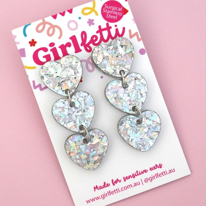 Triple Heart Acrylic Dangle Earrings - Holographic Silver Flake by Girlfetti