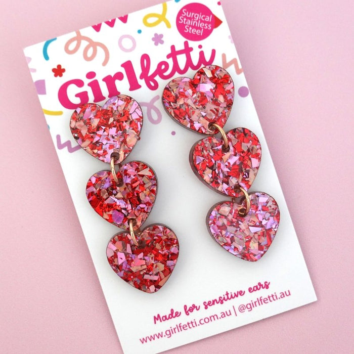 Triple Heart Acrylic Dangle Earrings - Love Flake by Girlfetti