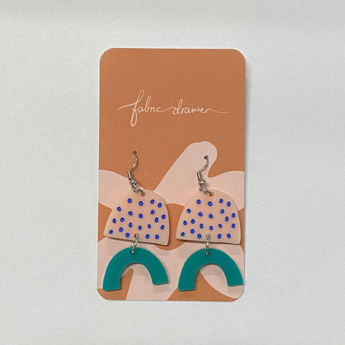 Drop Earrings - 2 Tier Laser Cut Navy Dots on Pink + Green by Fabric Drawer