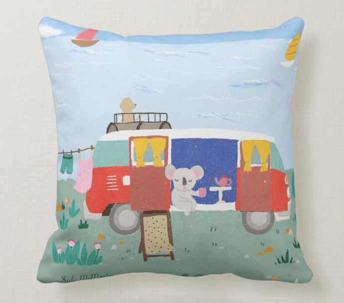 Cushion Cover - Koala and Red Kombi by Suki McMaster