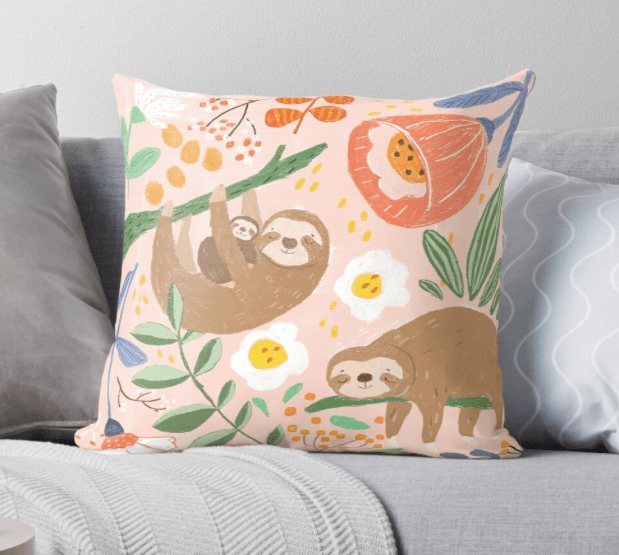 Cushion Cover - Pink Sloth Family by Suki McMaster