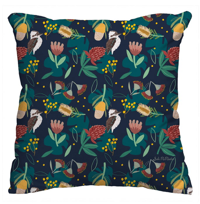 Cushion Cover - Kookaburra and Australian Native Floral by Suki McMaster