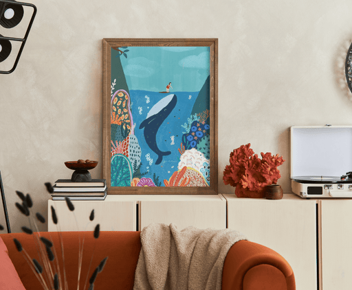 Suki McMaster Melbourne Artist Surfer and Whale Coral Wall Print