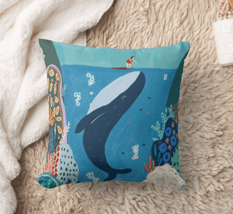 Suki McMaster Melbourne Design Surfer and Whale Coral Cushion
