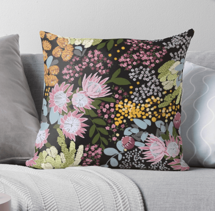 Cushion Cover - Australian Floral Black by Suki McMaster