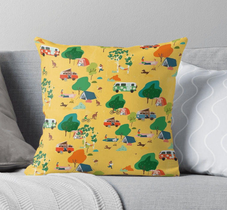 Cushion Cover - Into The Wild Yellow Caravan Camping by Suki McMaster