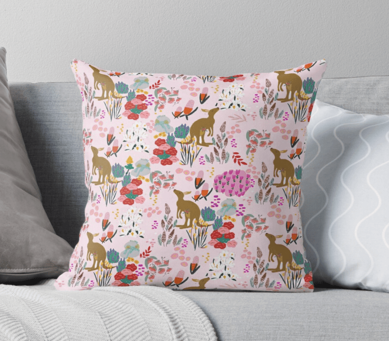 Cushion Cover - Kangaroo Pink and Australian Floral by Suki McMaster