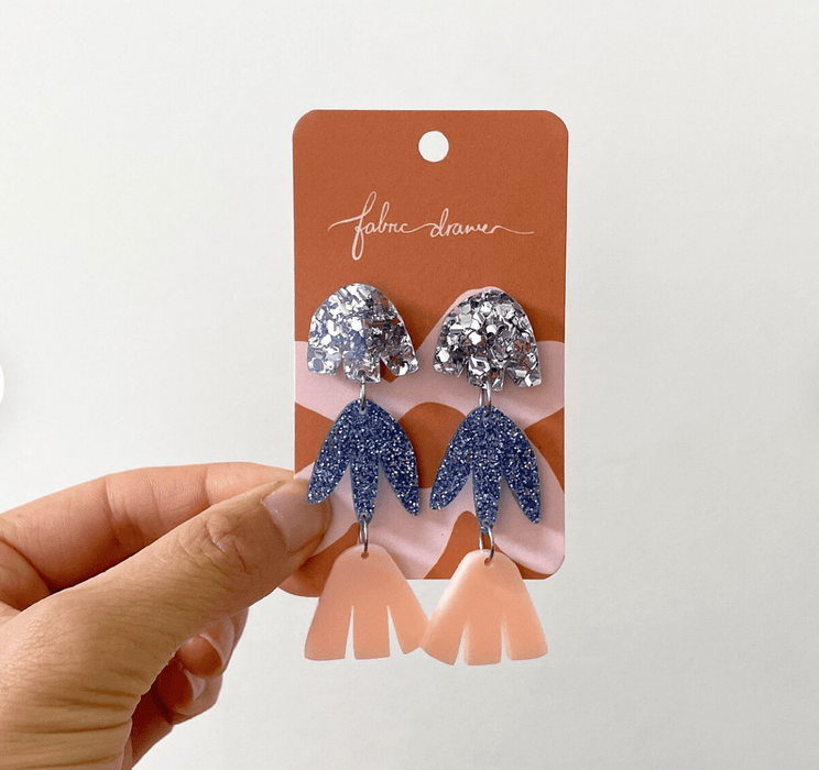 Floral Drop Earrings - 3 Tier Laser Cut Silver Chunky, Navy Glitter and Pink by Fabric Drawer