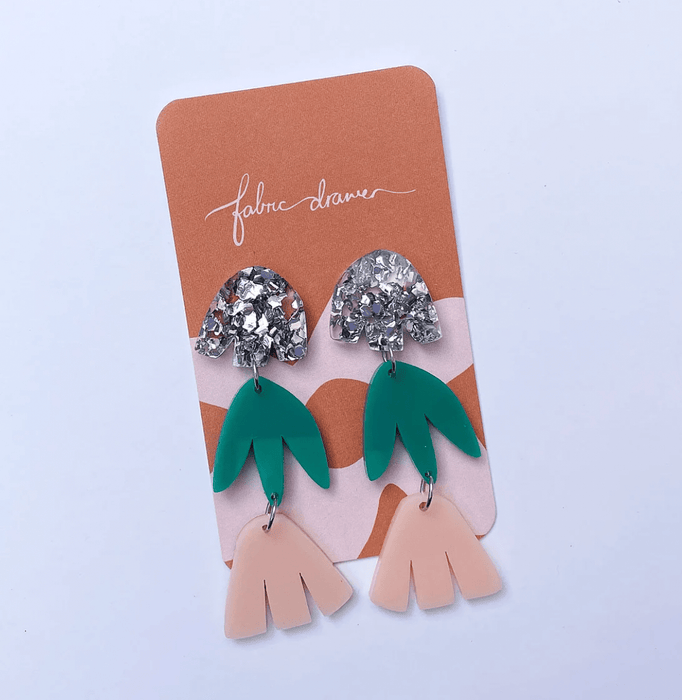 Floral Drop Earrings - 3Tier Laser Cut Silver Chunky, Green and Pink by Fabric Drawer