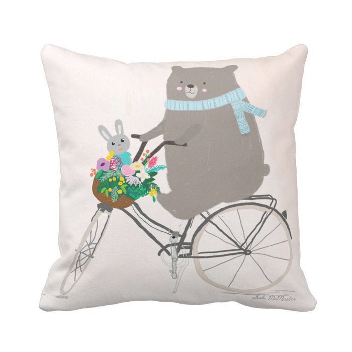 Cushion Cover - Bear On Bike by Suki McMaster