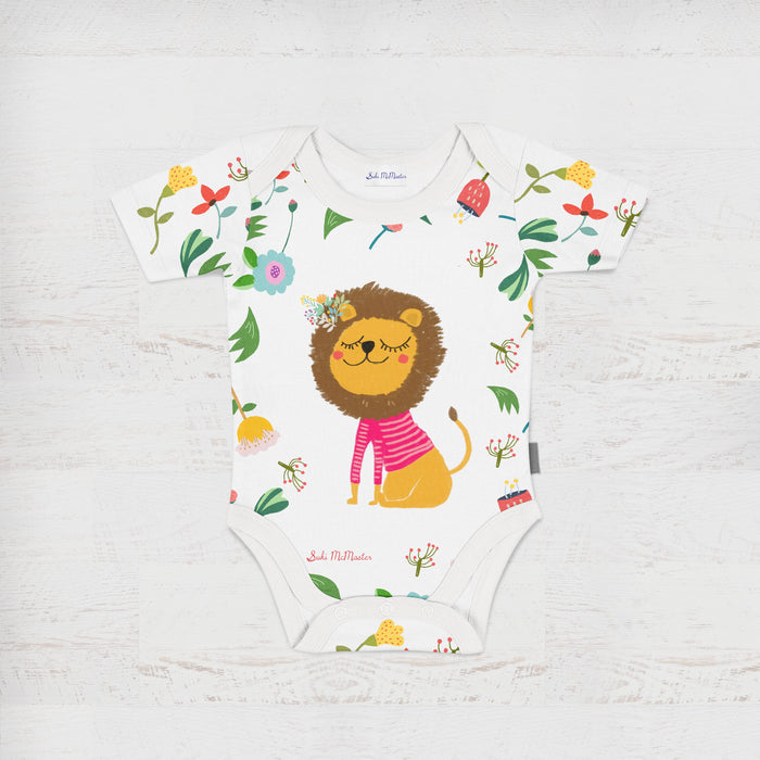 Suki McMaster Organic Cotton Baby Onesie | Romper | Jumpsuit- Lion and Flowers